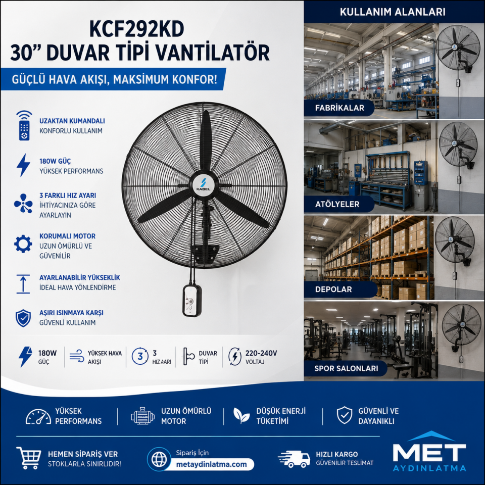 KCF292KD 180W DUVAR TIPI KUMANDALI SANAYI VANTILAT
